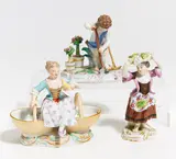 2 Gärtnerkinder und Gewürzschale mit Mädchen und Kanarienvogel by Meissen, Porzellan, farbig und gold staffiert, sold Jan 2020