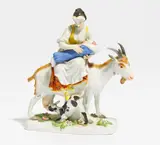 Schneiderin auf Ziege reitend by Meissen, Porzellan, farbig und gold staffiert, außerhalb der Manufaktur dekoriert, sold Nov 2020