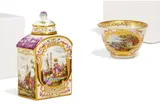 Teedose mit Kauffahrteiszenen und Koppchen mit Landschaftsmalerei in feinsten Kartuschen by Meissen, 18. Jh, Porzellan, farbig staffiert, gold dekoriert, sold May 2025