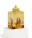 Teedose mit Husarenszenerie by Meissen, Um 1740, Porzellan, farbig und gold staffiert auf "erbisfarbenem" Fond (café-au-lait), sold May 2025