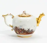 Meissen, Teekanne mit Landschaftspanorama, Um 1735/40, Porzellan, farbig und gold dekoriert
