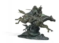 Antoine-Louis Barye, "Angélique et Roger montés sur l'hippogriffe, seconde version" - Angelica und Ruggiero auf dem Hippogryph, zweite Version, Bronze mit grüner Patina