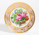 Kpm, Biedermeier Zierteller mit Blumenbouquet, 19. Jh, Porzellan, farbig und gold staffiert