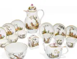 Kaffee- und Teeservice mit jagdlichen Szenen by Meissen, Um 1780, Porzellan, farbig und gold dekoriert, sold May 2020