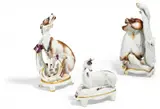Pavian, Wolf und Rehbock aus dem Tafelaufsatz "Reinecke Fuchs" by Meissen, Einmal 1925-1934, zweimal nach 1934, Porzellan, sparsam farbig und gold staffiert, sold May 2020