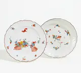 Teller "Fliegendes Eichhörnchen" und Schüssel mit Reisstrohbündeln by Meissen, Um 1740, Porzellan, farbig dekoriert, braune Randlinie, sold Nov 2020