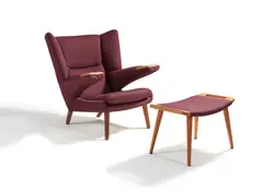 Hans J. Wegner, New Pappa Bear Chair mit passendem Fußhocker, Eiche, Wollstoffbezug
