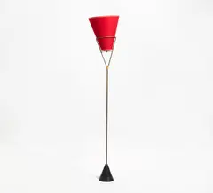Carl Auböck, Umkehrstehlampe "Mod. 4105", 20.Jh, Gusseisen, Messingrohr, schwarz lackiert, Reste von Geflecht, roter Textilschirm