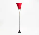 Umkehrstehlampe "Mod. 4105" by Carl Auböck, 20.Jh, Gusseisen, Messingrohr, schwarz lackiert, Reste von Geflecht, roter Textilschirm, sold Jan 2023