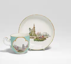 Tasse und Ut mit Landschaften by Meissen, Porzellan, farbig und gold staffiert, sold Jan 2022