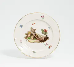 Großer Teller mit Landschaft by Frankenthal, 1762-1797, Porzellan, farbig und gold staffiert, sold Nov 2021