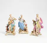 Meissen, Drei Allegorien aus der Serie "Die fünf Sinne", Vor 1924, Porzellan, farbig und gold staffiert