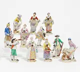 11 Figuren aus der Serie "Cris de Paris" by Meissen, 20.Jh, einmal vor 1924, Porzellan, farbig und gold staffiert, sold May 2022