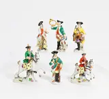Meissen, 6 Miniaturfiguren Jäger und Jägerinnen, 20. Jh, Porzellan, farbig und gold staffiert