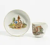Meissen, Tasse und Untertasse mit Berufsdarstellungen, 18.Jh, Porzellan, farbig und gold staffiert