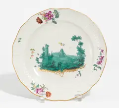 Teller mit Landschaft by Frankenthal, 18.Jh, Porzellan, farbig und gold staffiert, sold May 2022