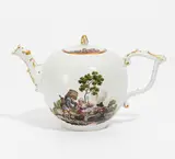 Teekanne mit Tenierszenen by Meissen, 1750-1774, Porzellan, farbig und gold staffiert, sold May 2022