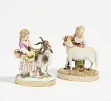 Mädchen mit Ziegenbock und Mädchen mit Schaf by Meissen, 20.Jh, Porzellan, farbig und gold staffiert, sold May 2022