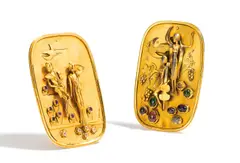 Herbert Zeitner, Paar Türgriffe mit den Jahreszeiten "Frühling" und "Herbst", Um 1965, Silber, vergoldet. U.a. Achat- & Quarzcabochons, transparente Schmucksteine, Amethyste