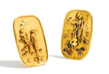 Herbert Zeitner, Paar Türgriffe mit den Jahreszeiten "Frühling" und "Herbst", Um 1965, Silber, vergoldet. U.a. Achat- & Quarzcabochons, transparente Schmucksteine, Amethyste