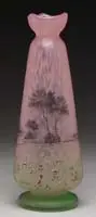 Daum, Prairie Vase, Black and gray enameled trees stand out against the mottled pink sky