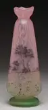 Daum, Prairie Vase, Black and gray enameled trees stand out against the mottled pink sky