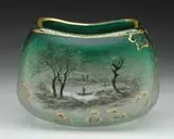 Daum, Pillow Vase, Enameled boat scene with green to frosted ground with gold gilt overall