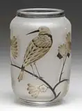Daum, Acid Cut & Enameled Vase, Clear frosted glass with a cameo and enameled decoration of a bird on a branch