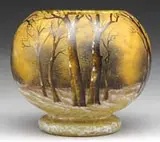 Daum, Cameo Vase, Acid etched and enameled winter scenic vase