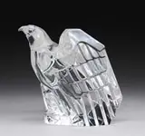 Alexander Joseph von Steuben, Clear Glass Eagle and Lalique Clear Glass Buffalo, 1) Glass sculpture of a perching eagle with wings back and head up