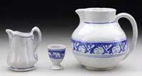 Dedham, Pottery Pitcher, Egg Cup, and Creamer