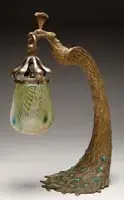 Loetz, Peacock Lamp, Exceptional Loetz lamp features cast bronze base in the shape of a peacock