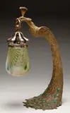 Loetz, Peacock Lamp, Exceptional Loetz lamp features cast bronze base in the shape of a peacock