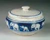 Pottery Covered Sugar Bowl with Elephant Decoration by Dedham, sold Jan 2005