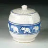 Pottery Covered Marmalade Jar with Elephant Decoration by Dedham, sold Jan 2005