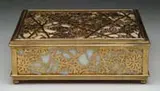 Handkerchief Box by Tiffany Studios, Etched metal grapevine pattern in gold over carmel slag glass, sold Jun 2006