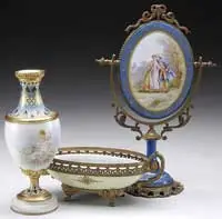 Sèvres, Mirror, Champleve Urn and Bowl, The porcelain champleve urn paint-decorated with a putti seated amongst flowers