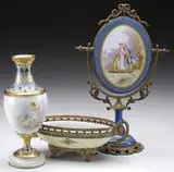 Sèvres, Mirror, Champleve Urn and Bowl, The porcelain champleve urn paint-decorated with a putti seated amongst flowers