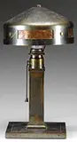 Roycroft, Hammered Copper and Mica Helmet-Shade Lamp