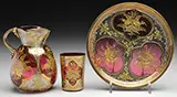 Mary Moser, Decorated Bedside Water Set, Moser cranberry glass water set consists of a pitcher, glass and tray