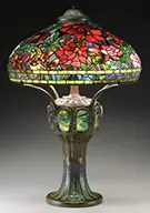 Tiffany Studios, Peony Table Lamp with Rare Mosaic Turtleback Base