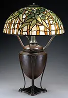 Tiffany Studios, Lamp Base with Contemporary Leaded Glass Shade, Base supports a contemporary reproduction of a Tiffany bamboo leaded glass shade