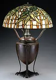 Tiffany Studios, Lamp Base with Contemporary Leaded Glass Shade, Base supports a contemporary reproduction of a Tiffany bamboo leaded glass shade