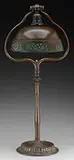 Table Lamp by Tiffany Studios, The base supports a Tiffany Studios bronze shade with acid etched openwork skirt, sold Jun 2017