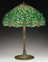 Drophead Dragonfly Table Lamp by Tiffany Studios, Decorated with random green glass cabochon jewels, sold Jun 2017
