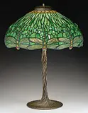 Drophead Dragonfly Table Lamp by Tiffany Studios, Decorated with random green glass cabochon jewels, sold Jun 2017