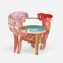 Toomas Toomepuu, Laser Chair 001, 2019, enameled plywood, walnut, silicone, Mylar, rubber, polyurethane foam and coating, faux ostrich leather, putty