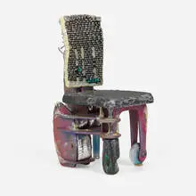 Toomas Toomepuu, Radiator chair, 2020, plywood, painted wood, aluminum, vinyl, Mylar, polyurethane foam