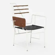 Jonathan Trayte, Yolla Bolly chair, 2021, powder-coated steel, stainless steel, leather, bronze, walnut