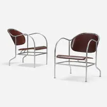 Mats Theselius, Sven lounge chairs, pair, 1998, leather, brushed chrome-plated steel